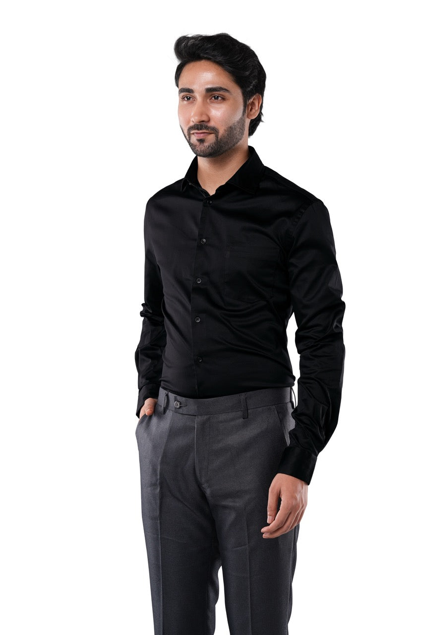 Onyx Black Stretch Cotton Formal Shirt