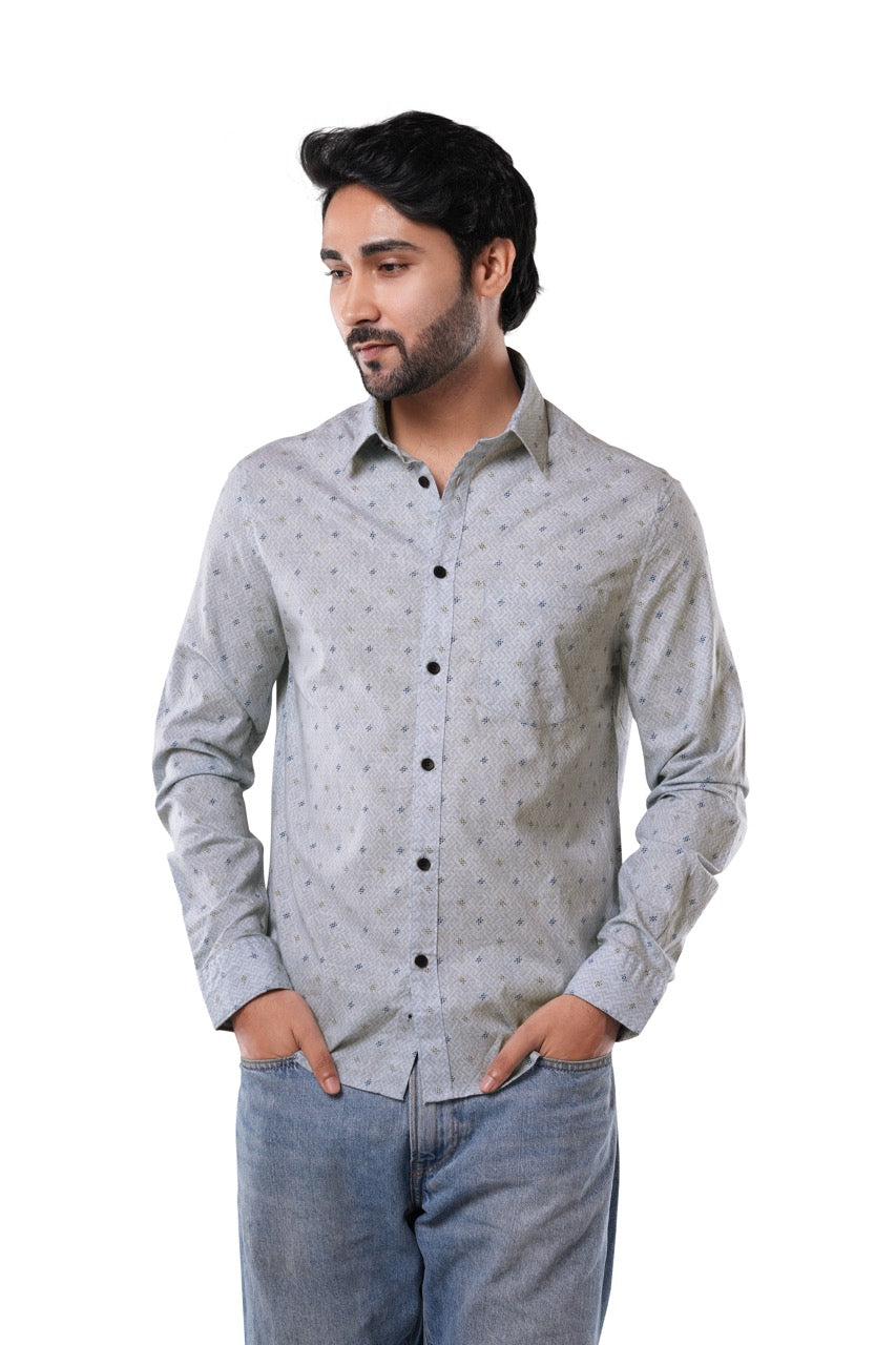 Marine Blue Printed Cotton Casual Shirt