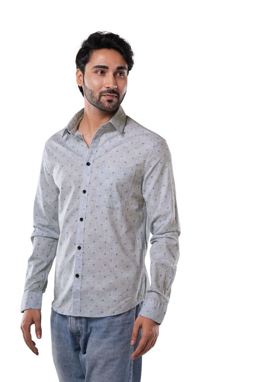 Marine Blue Printed Cotton Casual Shirt