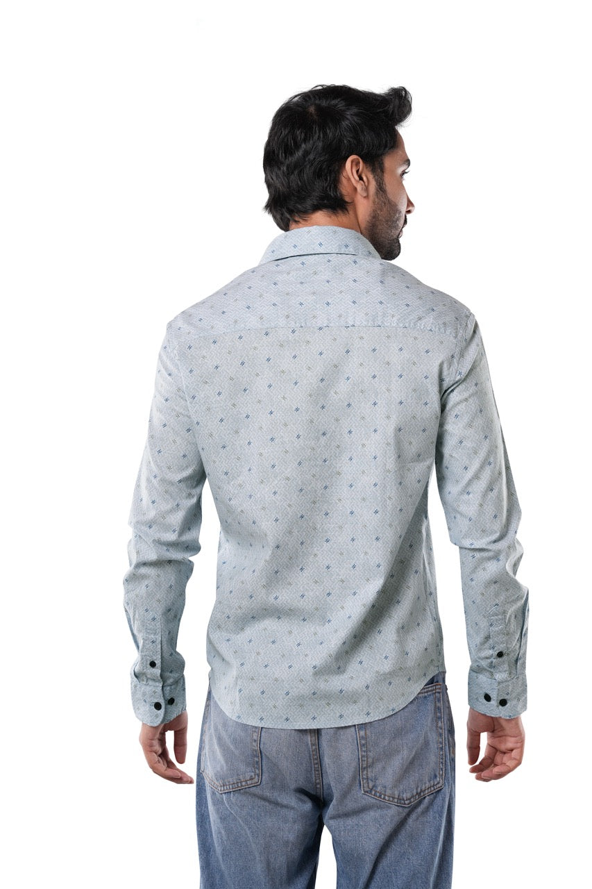 Marine Blue Printed Cotton Casual Shirt