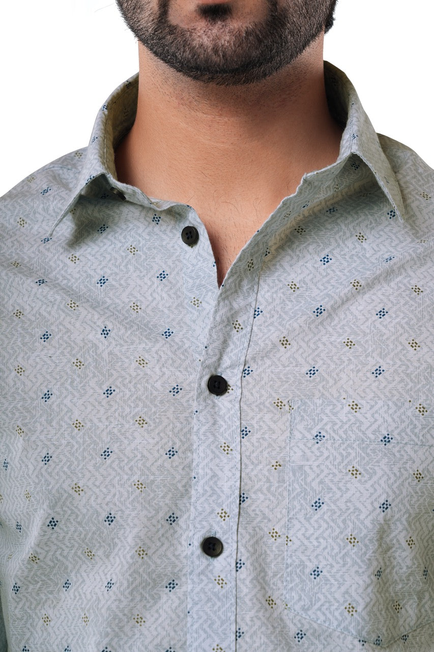 Marine Blue Printed Cotton Casual Shirt