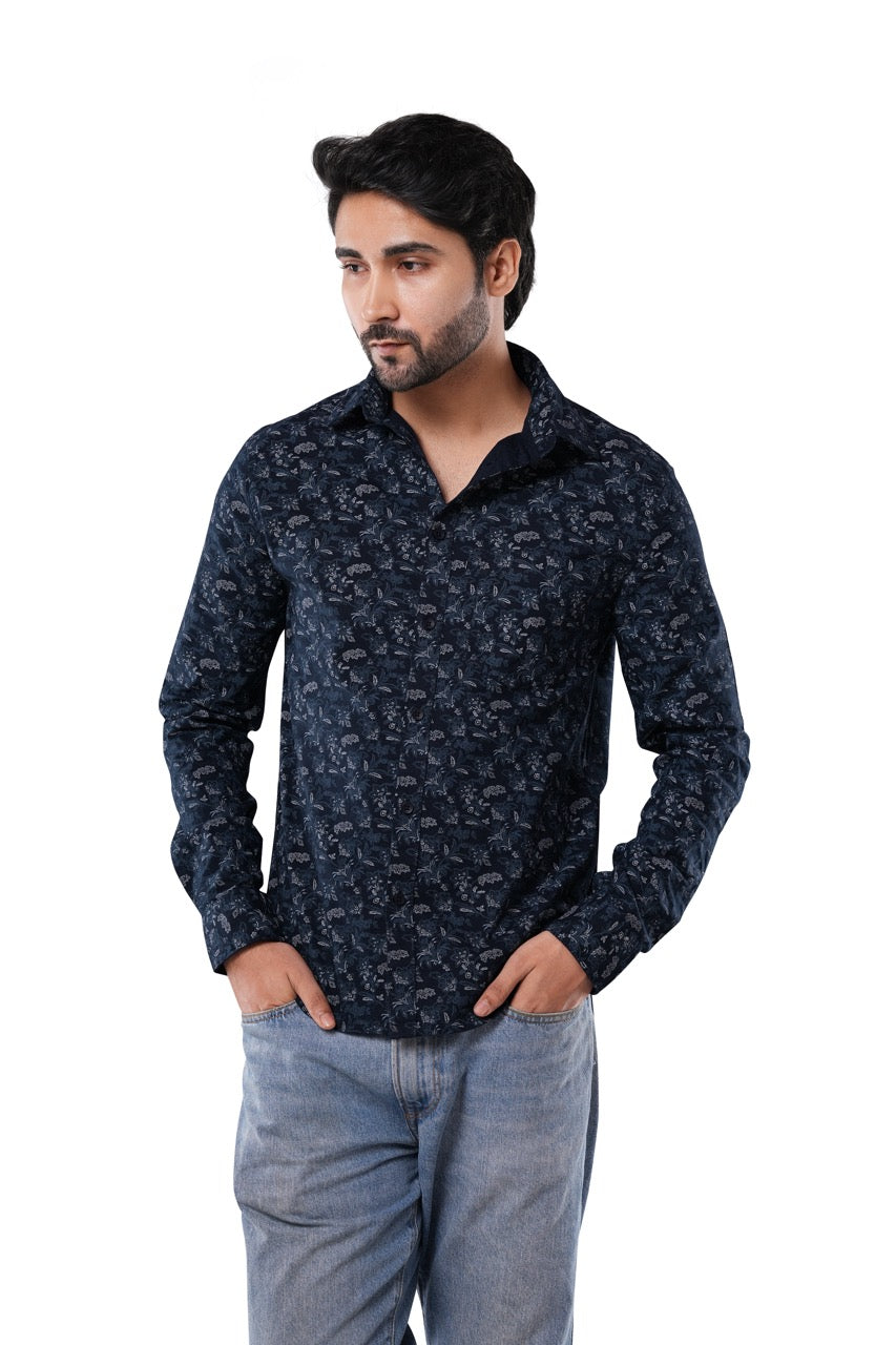 Deep Indigo Printed Cotton Casual Shirt