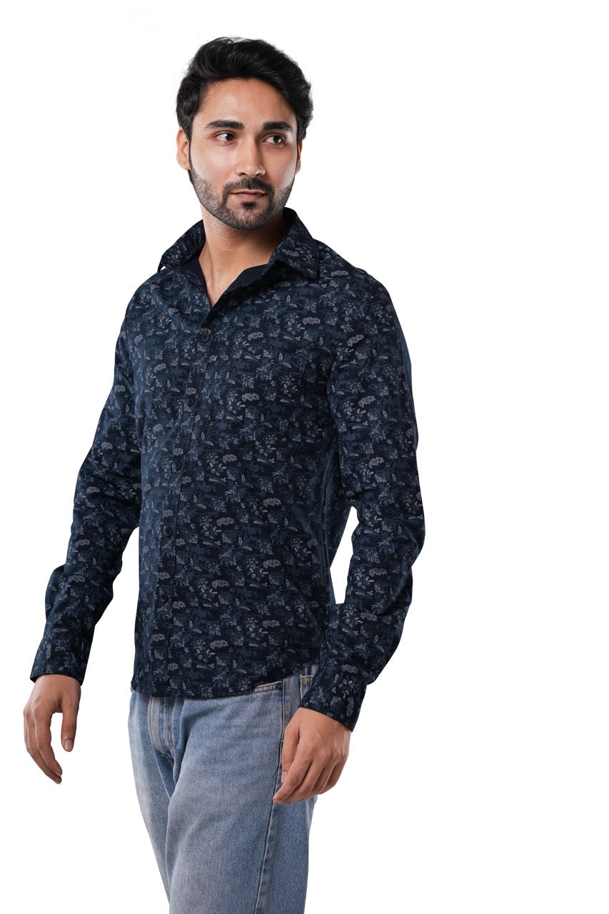 Deep Indigo Printed Cotton Casual Shirt
