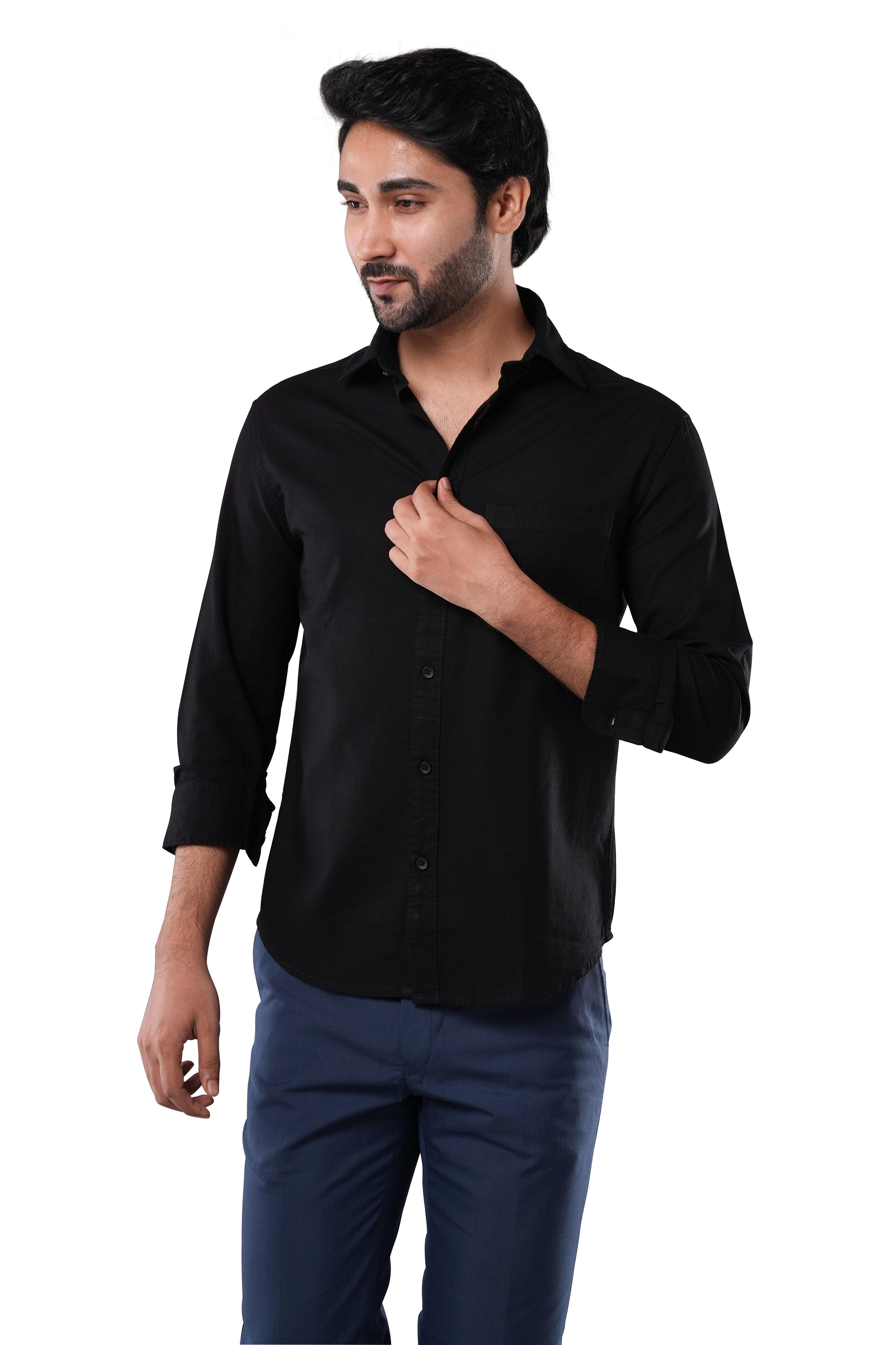 Midnight Black Slub Cotton Casual Shirt