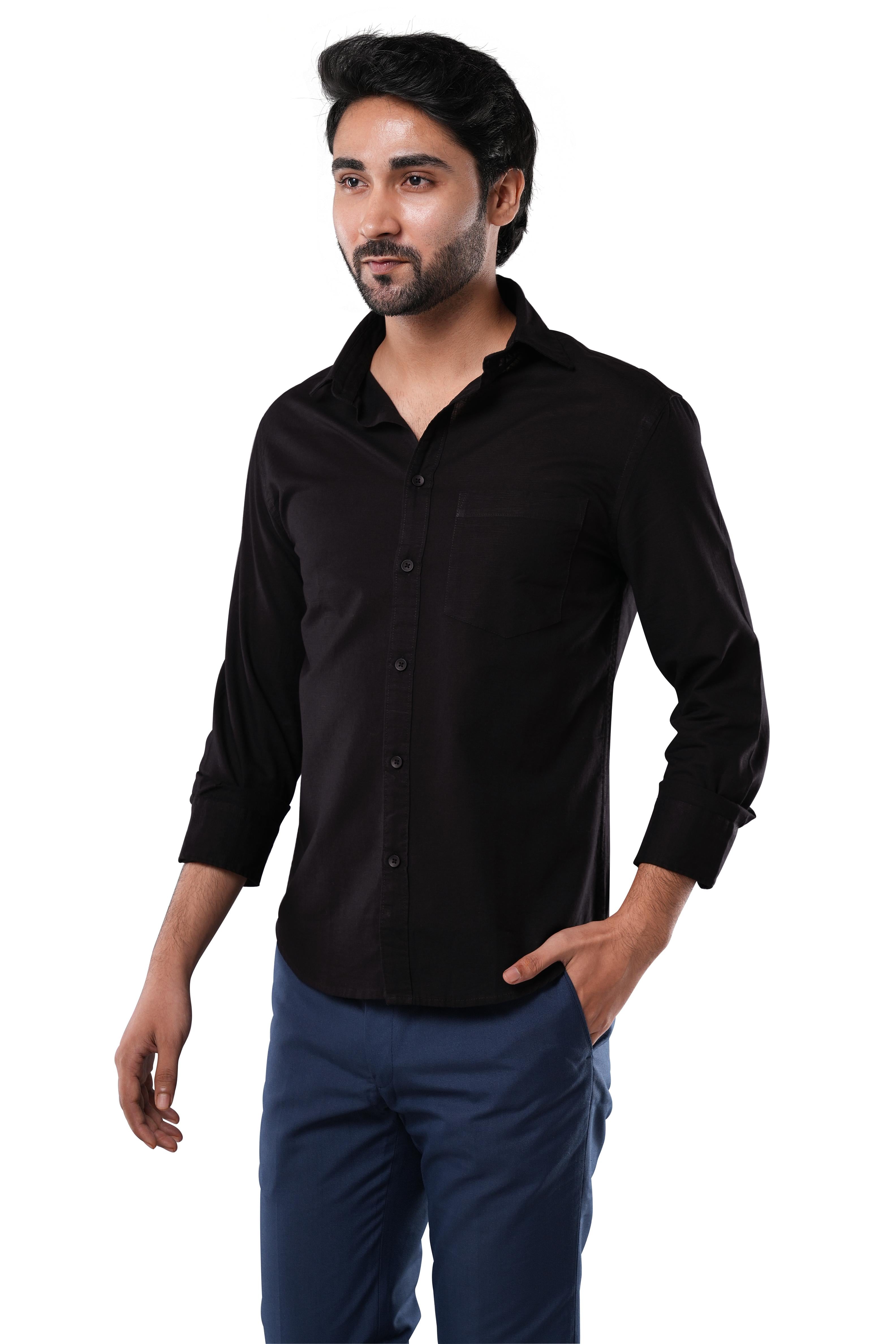 Midnight Black Slub Cotton Casual Shirt