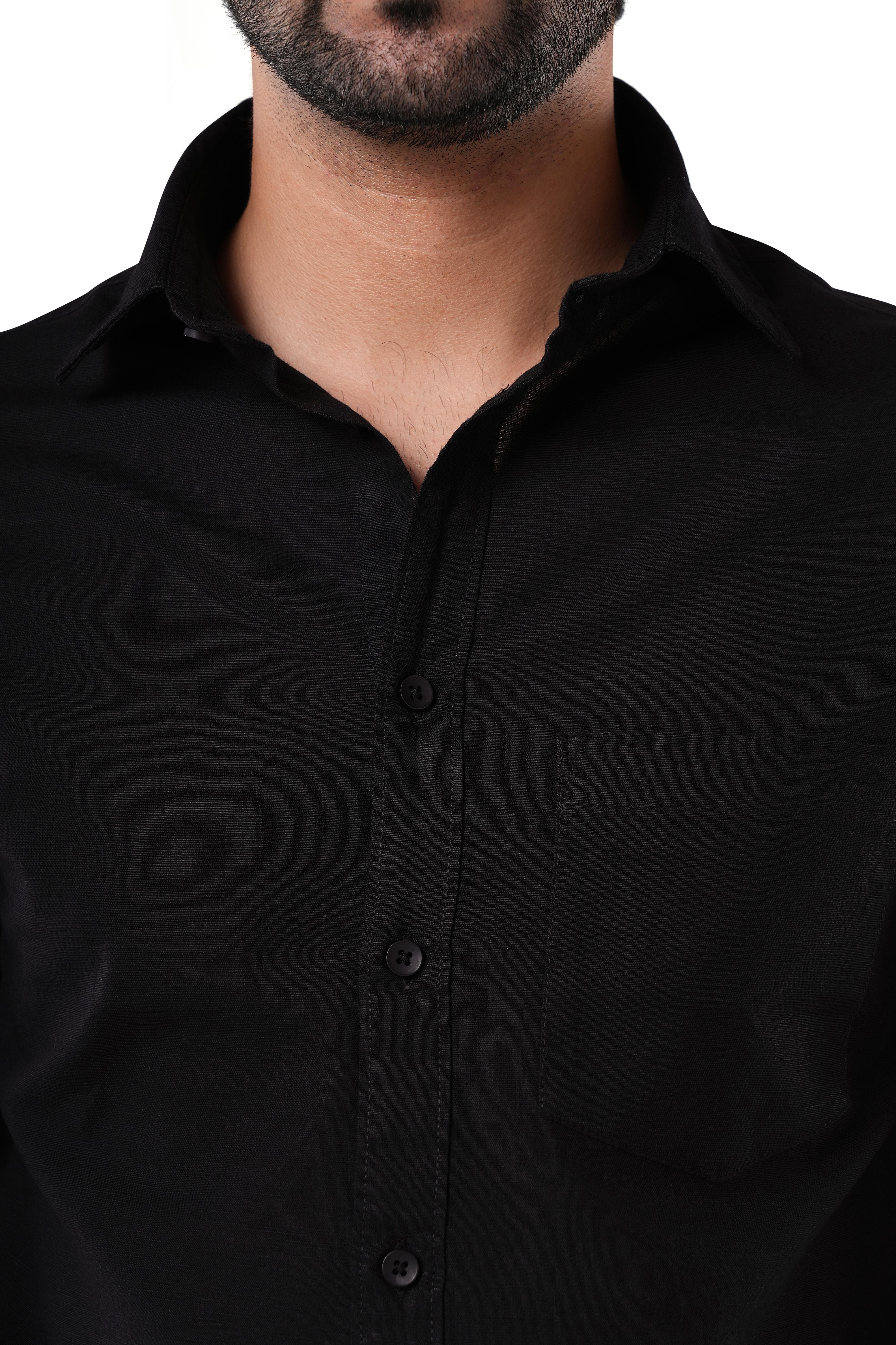 Midnight Black Slub Cotton Casual Shirt